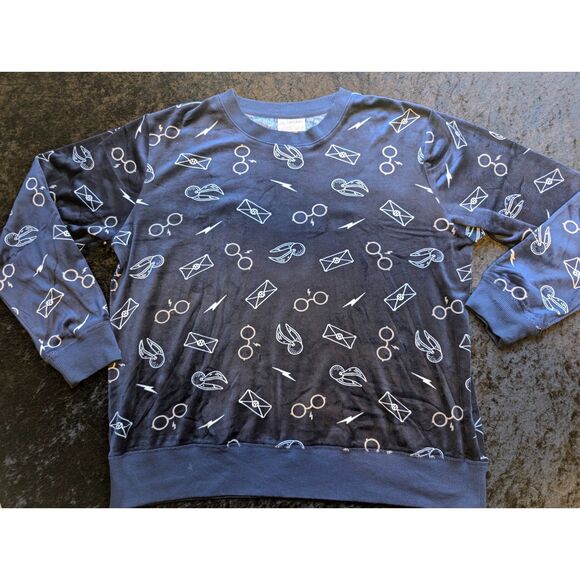 Harry Potter Navy Blue Velour L/S AOP Loungetop Sz L Comfy Soft Plush Wizardry - Picture 1 of 4